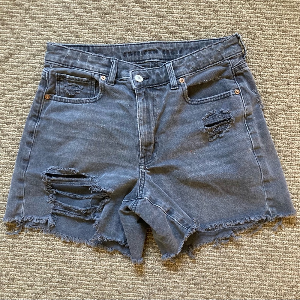 American Eagle Outfitters High Waist Ripped Denim Shorts - Blue